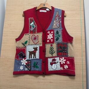 Victoria Jones Vintage Ugly Christmas Sweater Vest Red Patchwork Reindeer XL